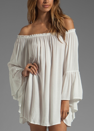 

Chiffon Off the Shoulder Flare Sleeve Mini Dress