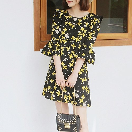 

Women Chiffon Floral O-Neck Dress Summer Loose Flare Sleeve Mini Dress