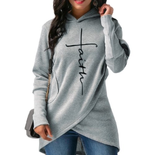 Fashion Women Hoodie Faith Letter Print Asymmetric Casual Loose Coat Pullover Sweatshirts...