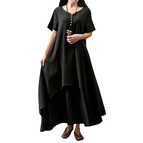 

New Fashion Women Casual Loose Dress Solid Color Short Sleeve Boho Summer Long Maxi Dress