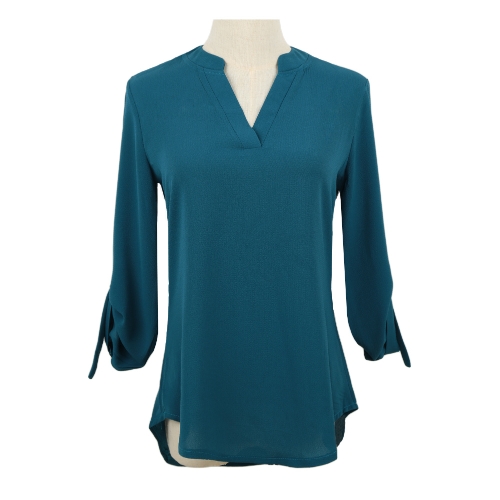 

New Women Chiffon Blouse V Neck D-Ring Tab Long Sleeves Shirt Casual Top