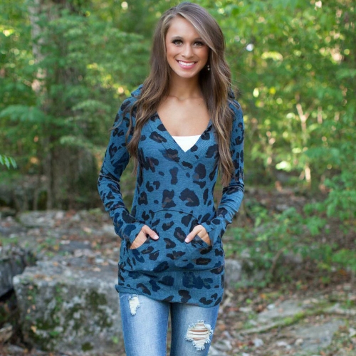 Europa Fashion Frauen-Hoodie Leopard Print V-Ausschnitt Langarm Fronttasche-lässige Pullover lange Top Tanktop dunkelblau