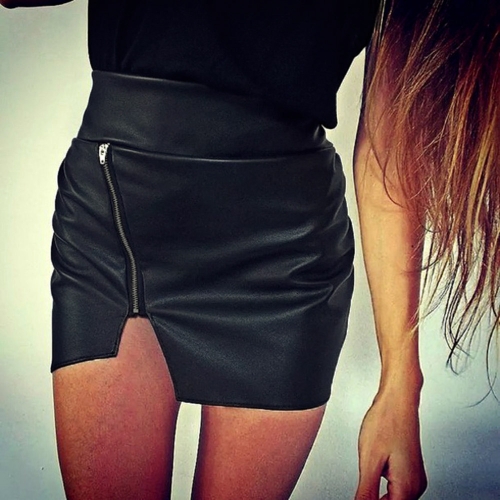 Sexy Women PU Leather High Waist Zipper Closure Irregular Hem Mini Skirt