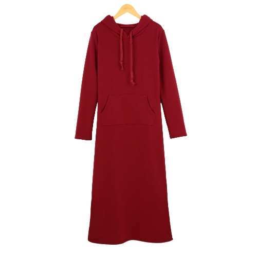 

Causal Maxi Sweater Dress Hooded Front Pouch Pocket Long Sleeve Fleece Lining