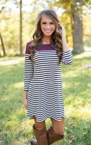 Casual Urban Women Round Neck Asymmetric Hem 3/4 Sleeve Stripe Dress