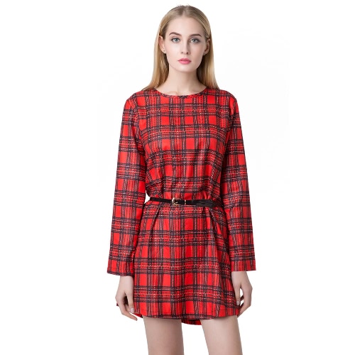 

Vintage Wome Plaid Tartan Print Round Neck Long Sleeve Christmas Party Mini Dress