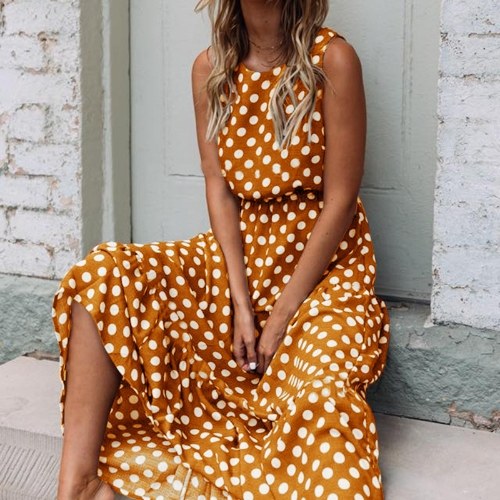 Women Polka Dots Dress Sleeveless Sundress O-neck Waisted Flowy Summer Beach Dress