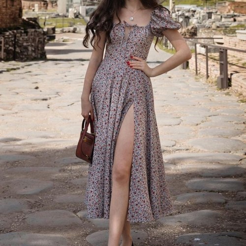 

Women Midi Dress Floral Print Puff Sleeve Square Collar Front Drawstring High Split Sexy Bodycon Dress for Beach Party