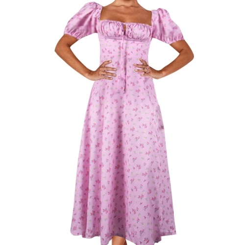 

Women Midi Dress Floral Print Puff Sleeve Square Collar Front Drawstring High Split Sexy Bodycon Dress for Beach Party