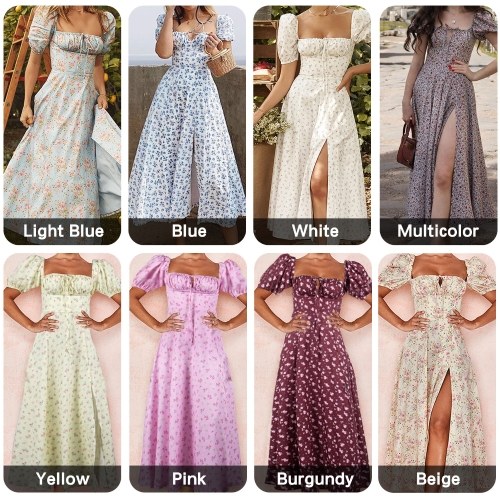 

Women Midi Dress Floral Print Puff Sleeve Square Collar Front Drawstring High Split Sexy Bodycon Dress for Beach Party