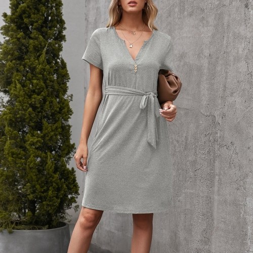 Women Short Sleeve T-shirt Dress V Neck Belted High Waist Solid Shift Dress