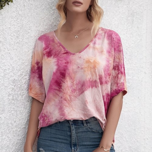 

Fashion Women T-shirt Tie Dye Print V Neck Half Batwing Sleeves Loose Casual Tee Tops