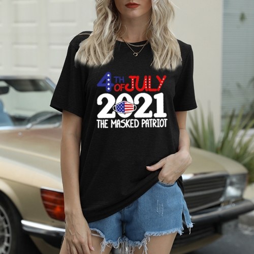 

Women Print T-Shirt July 4th Patriotic Flag Print O-Neck Short Sleeve Independence Day Tee Tops