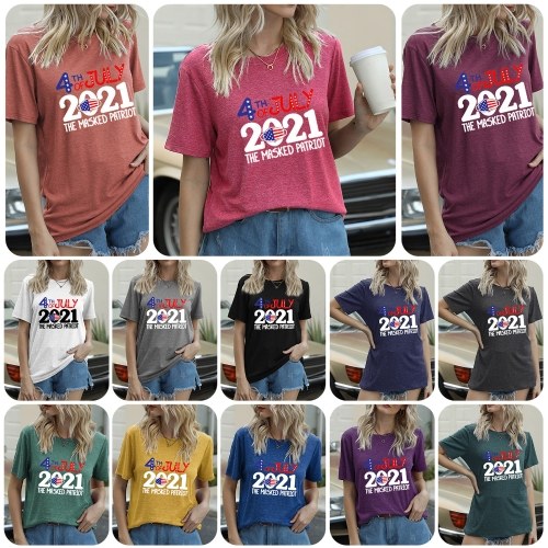 

Women Print T-Shirt July 4th Patriotic Flag Print O-Neck Short Sleeve Independence Day Tee Tops
