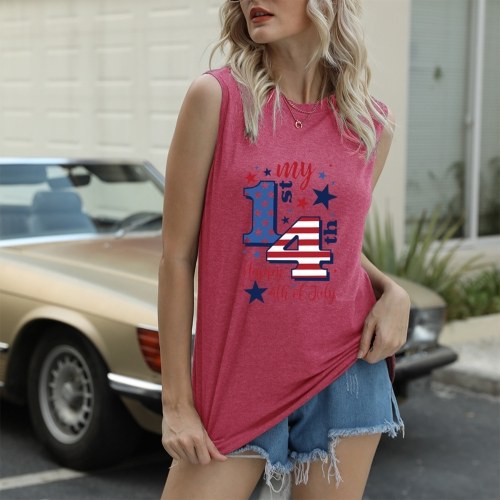 Women Tank Tops Letters Printed Happy Fourth of July Independence Day Sleeveless T-shirt Plus Size Casual Vests