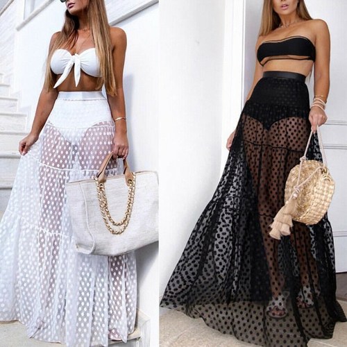 

Women Mesh Maxi Skirt See-through Polka Dots Pleated Tulle Skirt Elastic Waist Bikini Cover Up Bathing Skirt