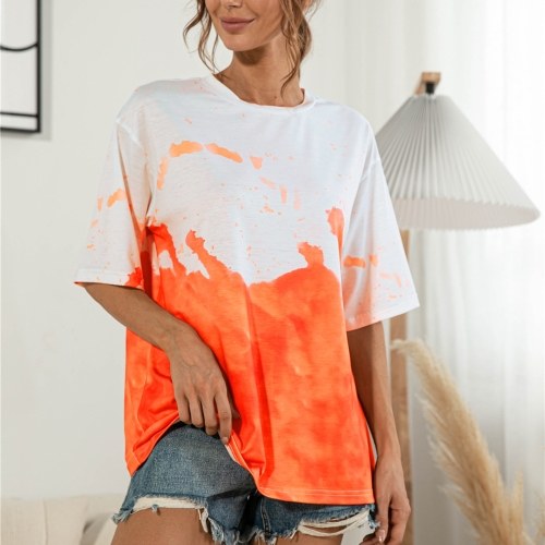 Moda mujer camiseta con estampado de teñido anudado o cuello media manga casual suelta camiseta de verano