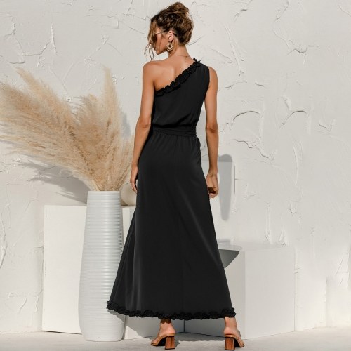 

Women Sexy Dress One-Shoulder Ruffle Tie Waist Empire Dress Sleeveless Summer Party Maxi Dress