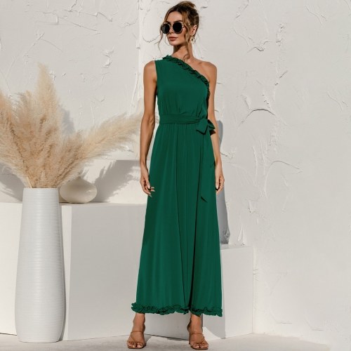 

Women Sexy Dress One-Shoulder Ruffle Tie Waist Empire Dress Sleeveless Summer Party Maxi Dress