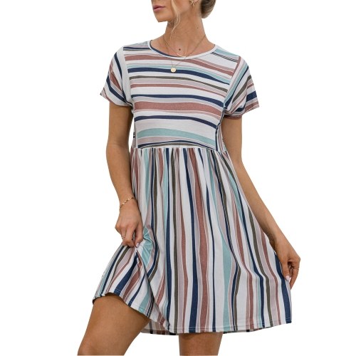 

Women Dress Striped Splicing O Neck Short Sleeve High Waist Pleated Casual Swing Dress