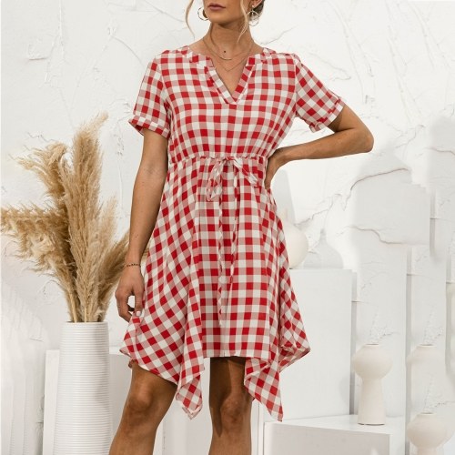 

Plaid Dress V-neck Short Sleeve Irregular Hem Dress Slim Casual Dress