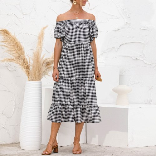 

Women Off the Shoulder Plaid Dress Slash Neck Holiday Boho Tiered Dress