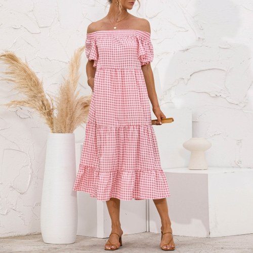 

Women Off the Shoulder Plaid Dress Slash Neck Holiday Boho Tiered Dress