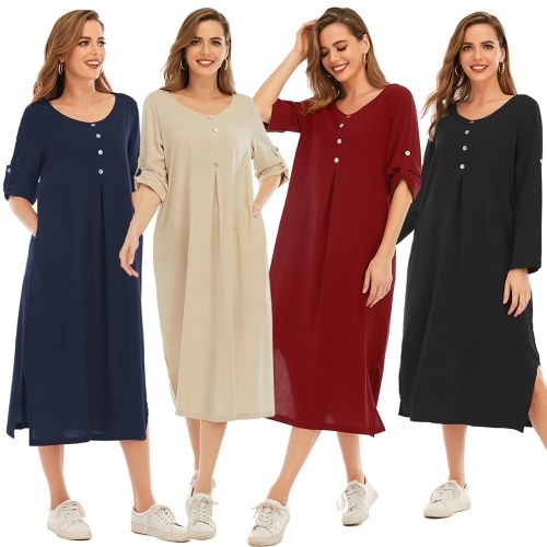 

Women Dress Roll Up Sleeve Side Pockets Slits Button O Neck Loose Casual Summer Maxi Dress