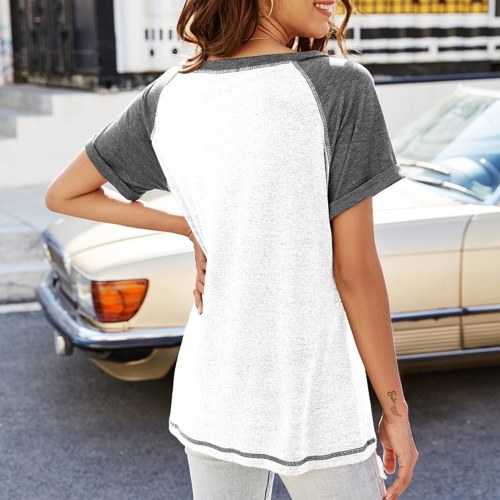 

Women Short Sleeve Shirt O-neck Raglan Sleeve Color Block Loose Casual Tees Summer Tops