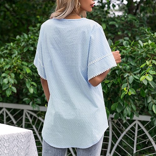 

Women Casual T-Shirt Lace Flare Sleeve Pom Pom Loose O-Neck Short Sleeve Tee Summer Tops Blouse