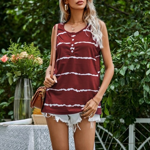 Women Casual Tank Tops Striped Print Buttoned O-neck Sleeveless Shirt Summer Loose Plus Size Tunic Tees