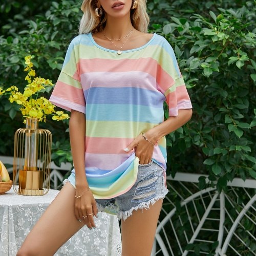

Women Casual Striped Shirt Rainbow Stripes O-neck Short Sleeve Oversized Pullover Summer Tops