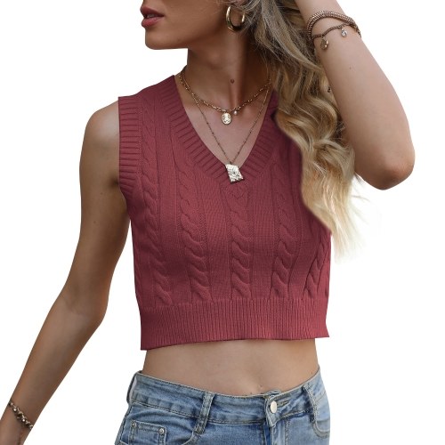Women Knitted Crop Top Sleeveless Ribbed V Neck Pullover Vest Sexy Bodycon Cami Tank Tops