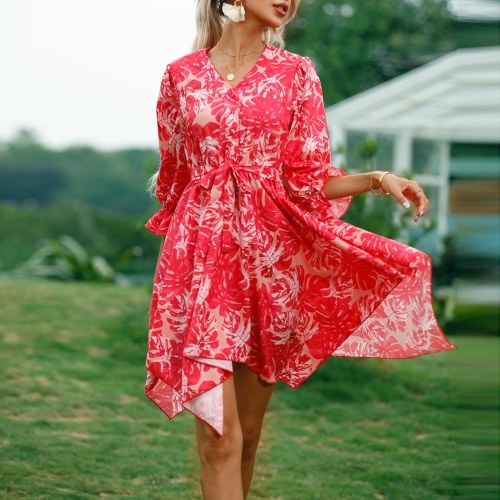 

Women Floral Dress Irregular Half Sleeve V Neck Belted Waist Casual Mini Dress