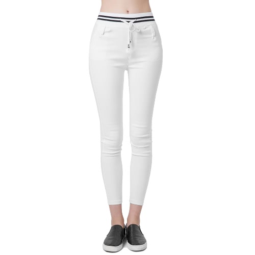 Nueva moda mujer pantalones casuales cintura elástico Lazo Slim lápiz pantalones pantalones negro