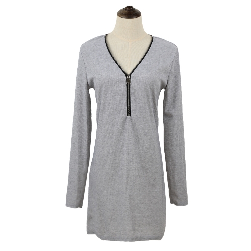 

Sexy Women Zipper Solid Color V Neck Long Sleeve Bodycon Mini Dress