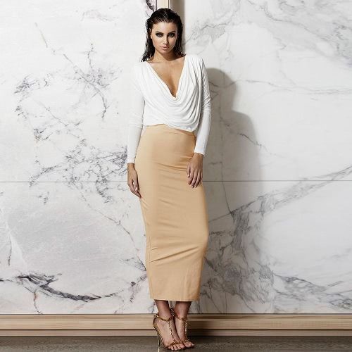 Sexy Deep V Neck Ruffle Long Sleeve Crop Top High Waist Skirt Set Women's Dress