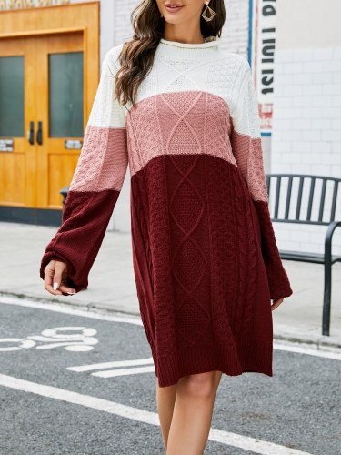 

Women Knitted Dress Long Sleeve Splicing Loose Casual Dress