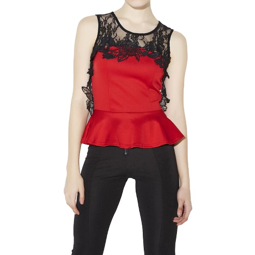 

New Sexy Women Vest Blouse Hollow Out Lace Zipper O-Neck Sleeveless Elegant Bodycon Tee Top Black/Red