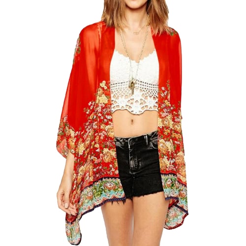 

New Women Chiffon Outerwear Open Front Floral Print Batwing 3/4 Sleeves Irregular Hem Thin Vintage Loose Cardigan Red