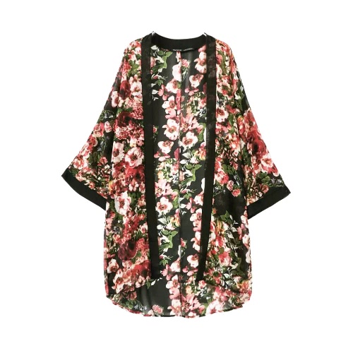 

Vintage Floral Print Long Bat Sleeves Chiffon Kimono Blouse