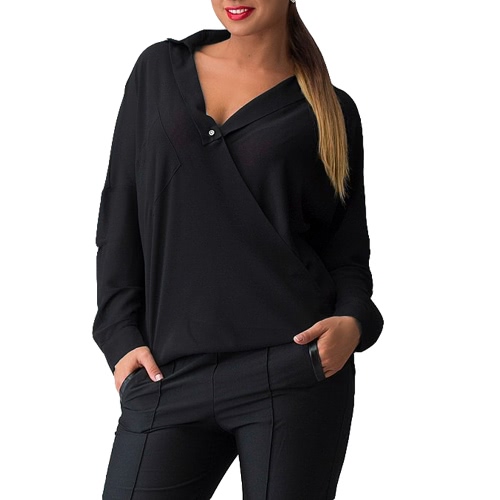 Fashion V-Neck Long Sleeve Turn Down Collar Plus Size Blouse for Women