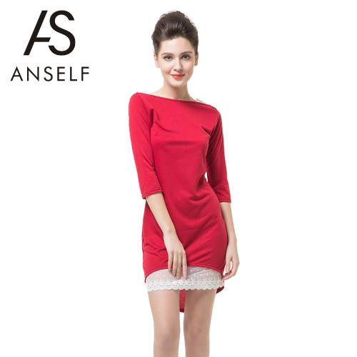New Fashion Women Dress Slash Neck Half Sleeve Lace Decoration Irregular Hem Sexy Slim Red