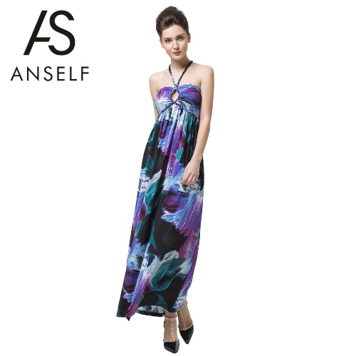 

Anself Vintage Floral Print Bandeau Neck Halter Tie Padding Women's Beach Maxi Dress