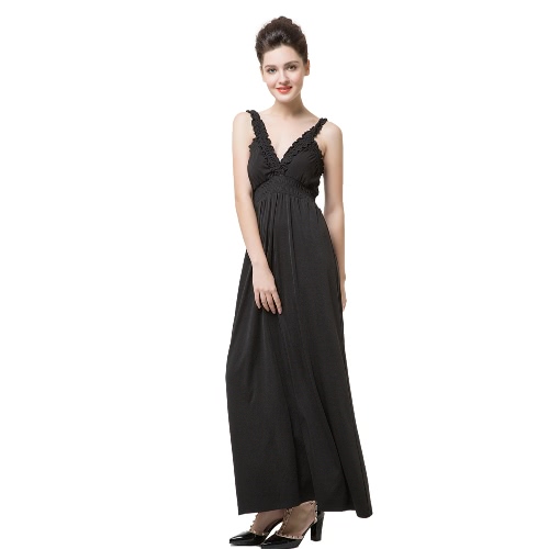 

New Fashion Women Sleeveless Dress Deep V-Neck Ruffle Backless Sexy Long Dress Black