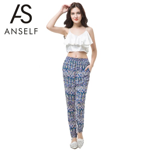 Nouvelle Europe femmes Harem Pantalon taille élastique impression géométrique poches pantalon lâche causale Bohème bleu