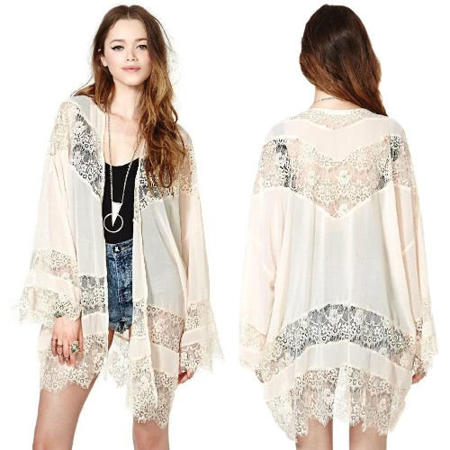 

New Fashion Women Long Cardigan Crochet Lace Hollow Out Flare Sleeve Slim Elegant Outwear Beige