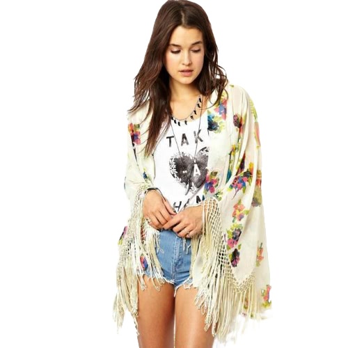 New Fashion Women Chiffon Cardigan Floral Print Tassel Flare Sleeve Outwear Beige