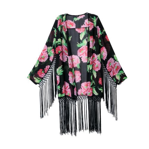 New Fashion Women Chiffon Cardigan Floral Print Tassel Long Sleeve Casual Outwear Black