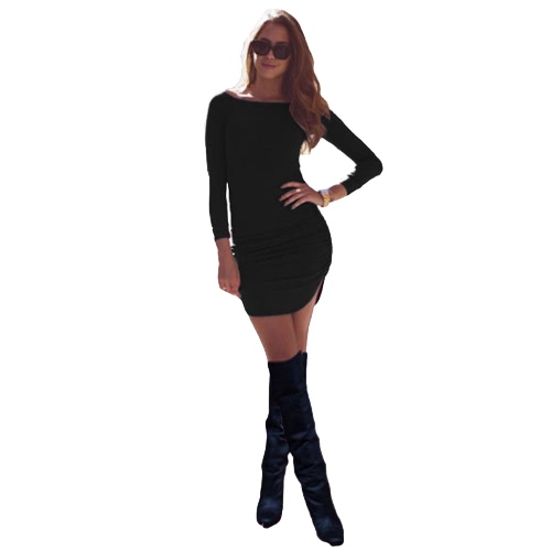 New Fashion Women Dress Solid Ruched Design Curved Hem Round Neck Long Sleeve Slim Fit Casual One-Piece Black/Grey/Burgundy